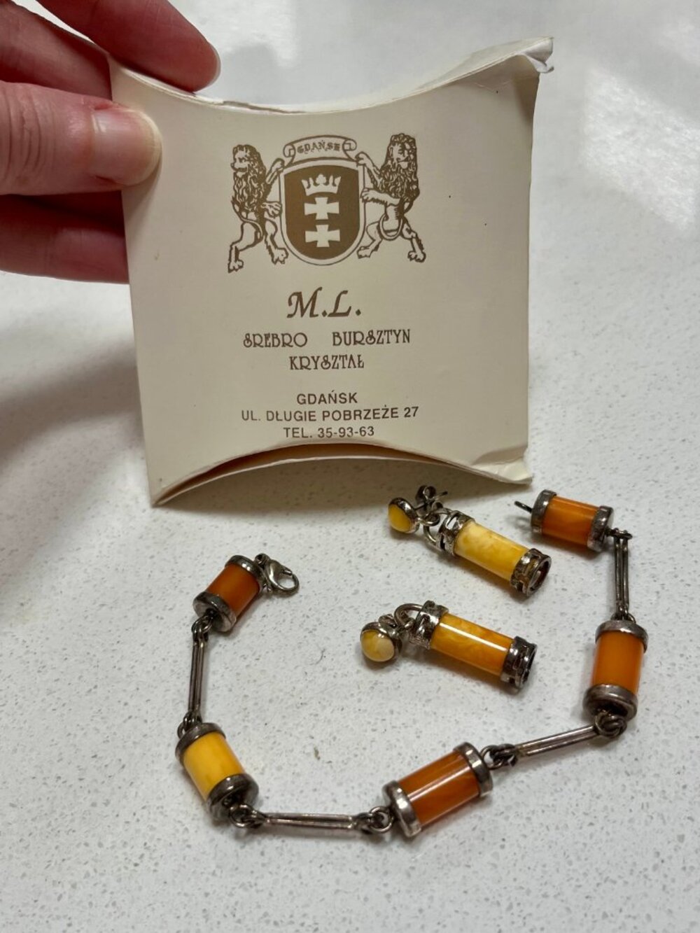 Vintage Baltic Amber & Silver Bracelet Earring Set M.L. Srebro Bursztyn Krysztal